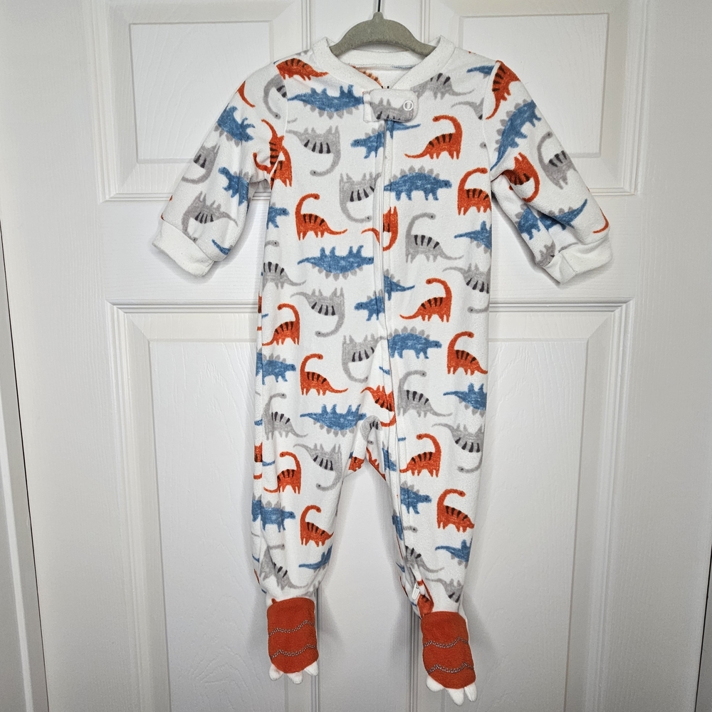Child of Mine Dinosaur Fleece Footie 3-6M Cozy Baby Pajamas White Blue Orange